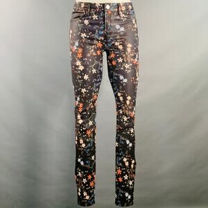 Size 25 Black Multi Color Lambskin Leather Floral Skinny Casual Pants